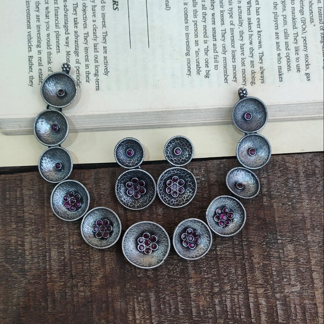 Silver 92.5 Oxidized Necklace With Earrings -0277