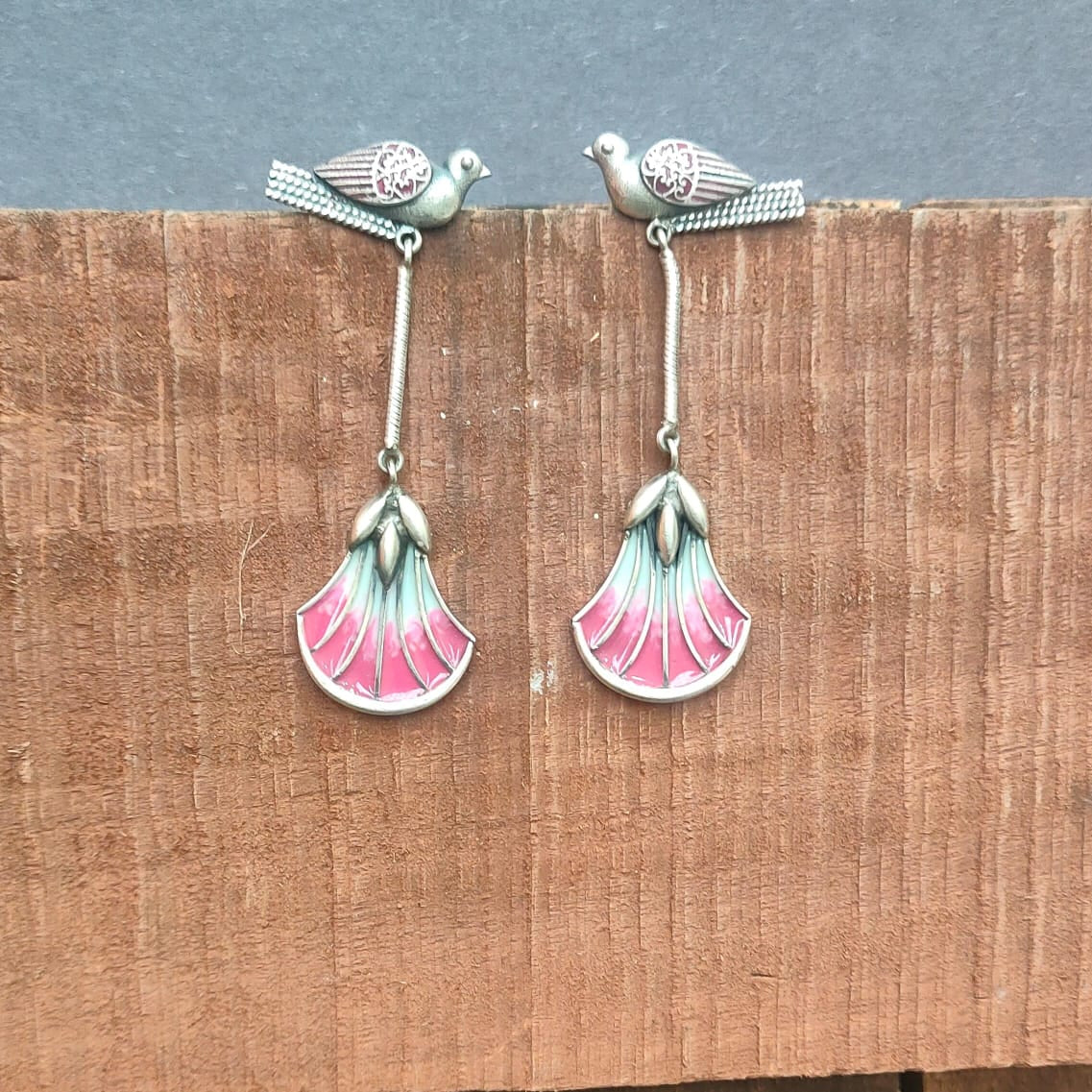 Silver oxidized Earring with Meenakari Sparrow 92.5 Earring-0257
