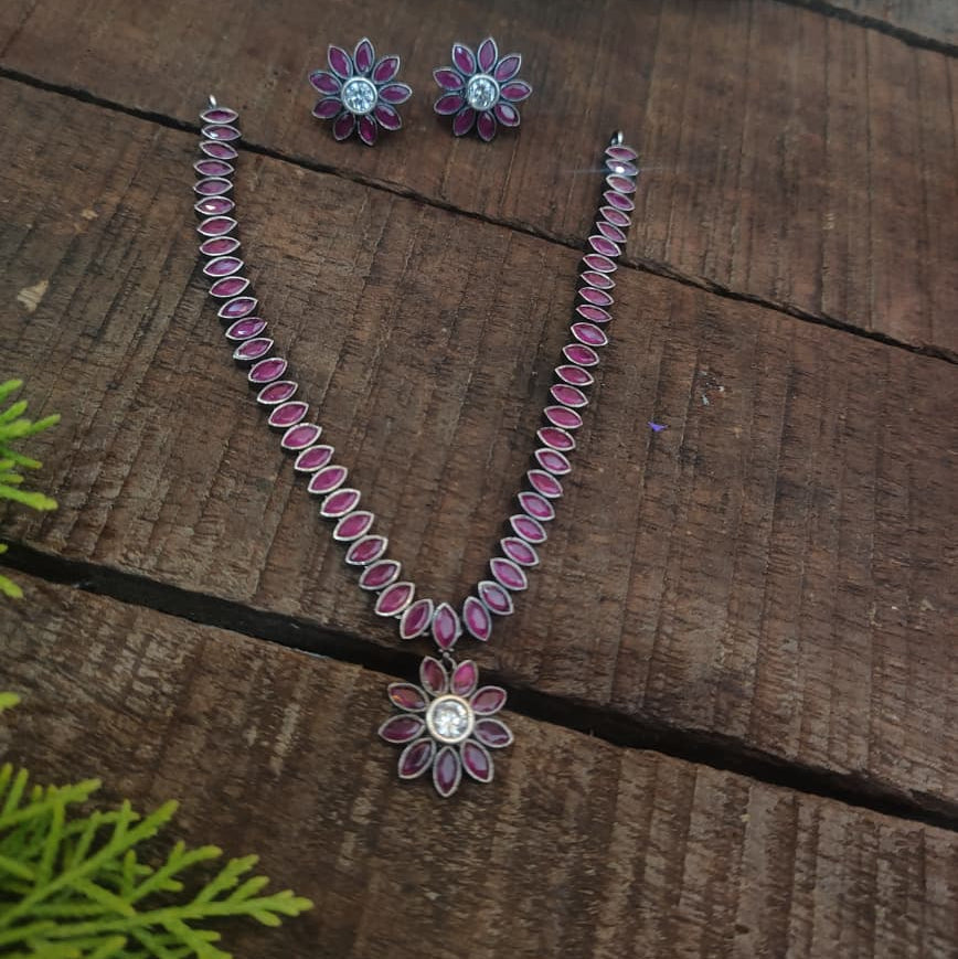Silver 92.5 Oxidized Necklace With Earrings  -0271