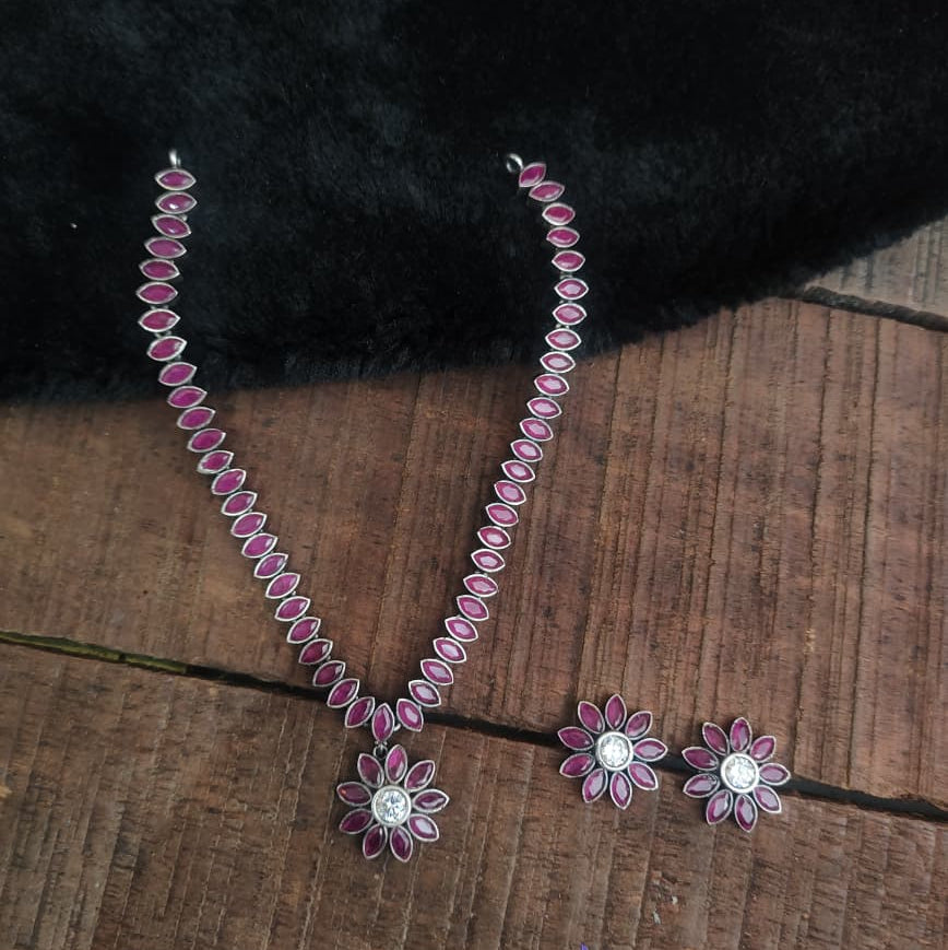 Silver 92.5 Oxidized Necklace With Earrings  -0271