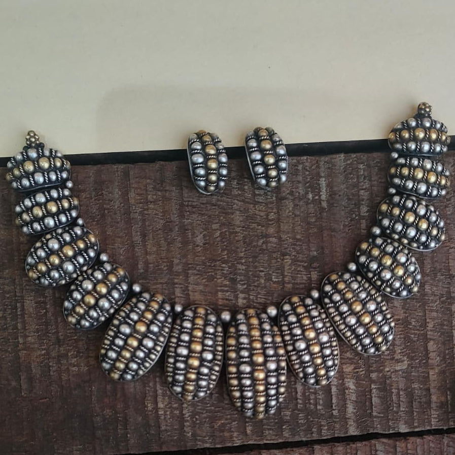 Silver 92.5 Oxidized Necklace With Earrings  -0272