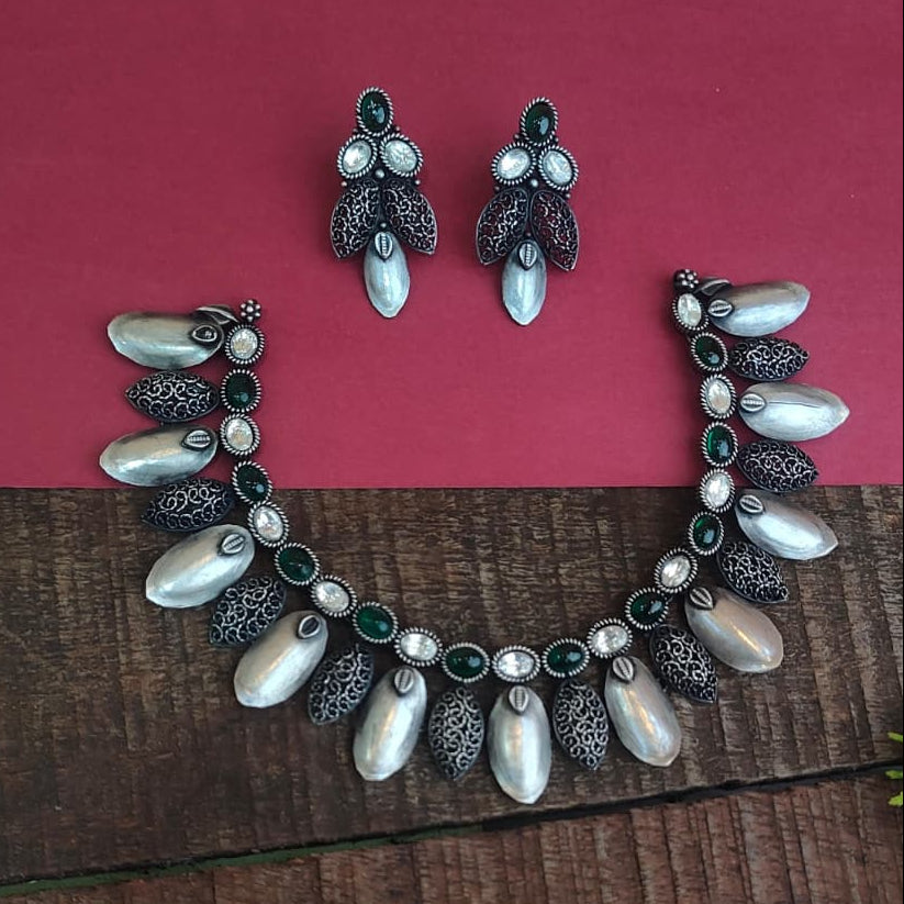 Silver 92.5 Oxidized Necklace With Earrings  -0275