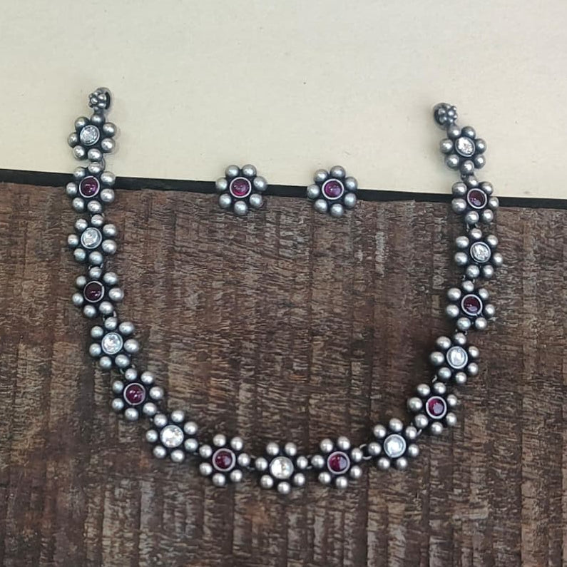 Silver 92.5 Oxidized Necklace With Earrings  -0276
