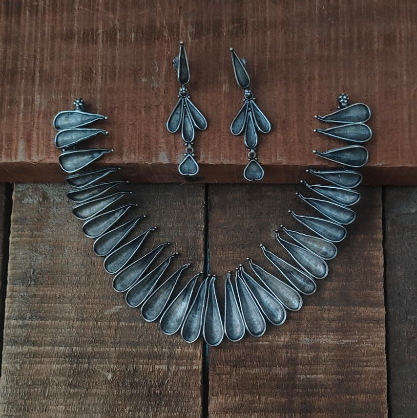 Silver 92.5 Oxidized Necklace With Earrings-0285