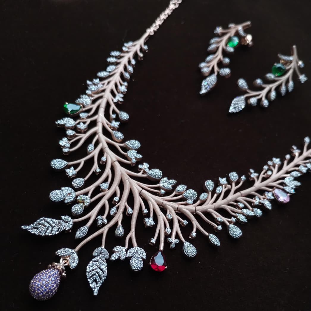 Silver 92.5 Diamond Look Necklace With Earring-2042