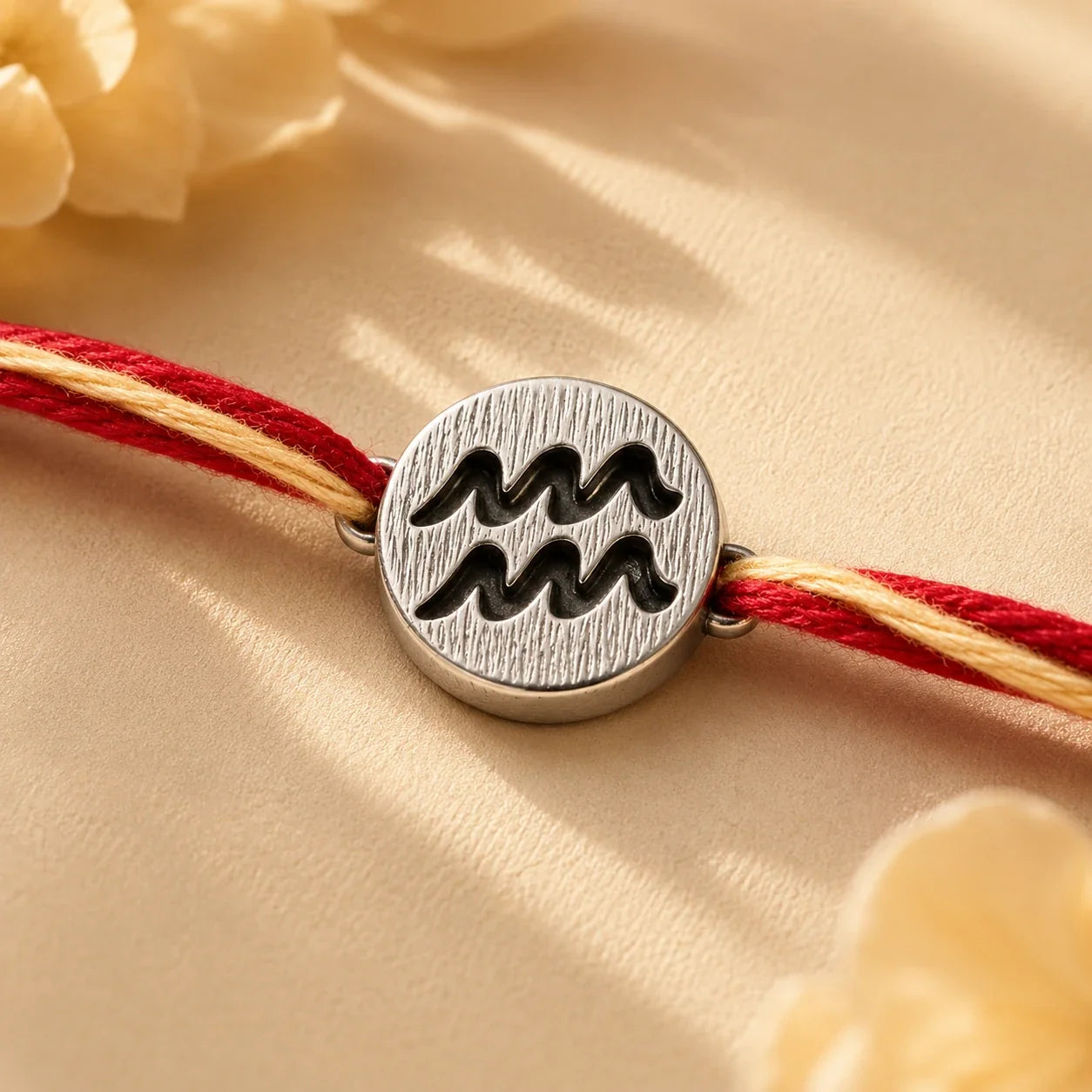 925 silver Aquarius zodiac rakhi on a red and gold braided thread