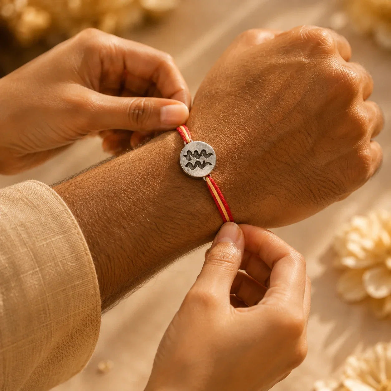 925 silver Aquarius zodiac rakhi on a red and gold braided thread