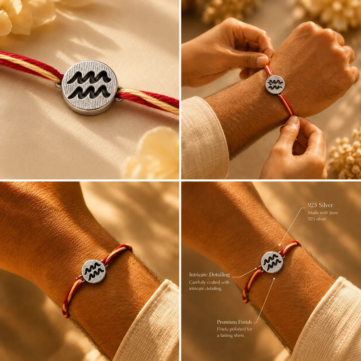 925 silver Aquarius zodiac rakhi on a red and gold braided thread