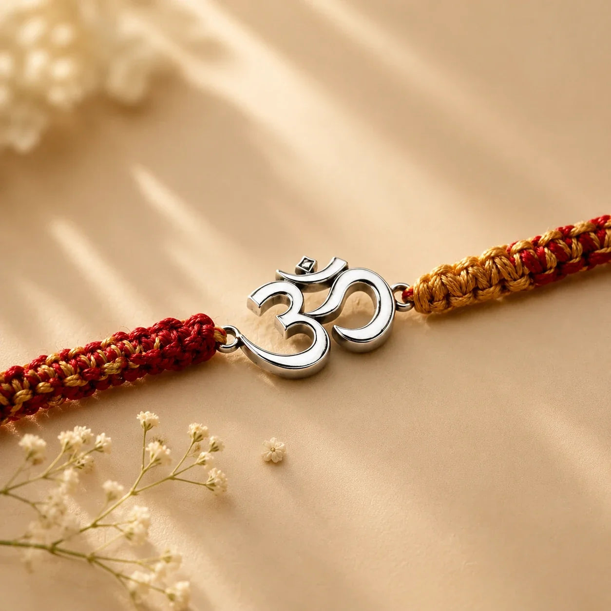 925 silver Big Om rakhi with an Om motif on a red and gold braided thread