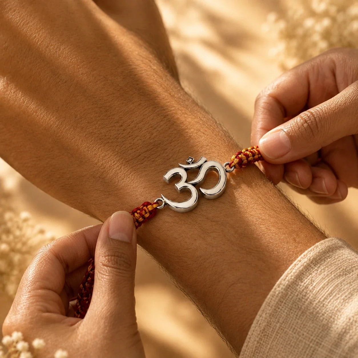 925 silver Big Om rakhi with an Om motif on a red and gold braided thread