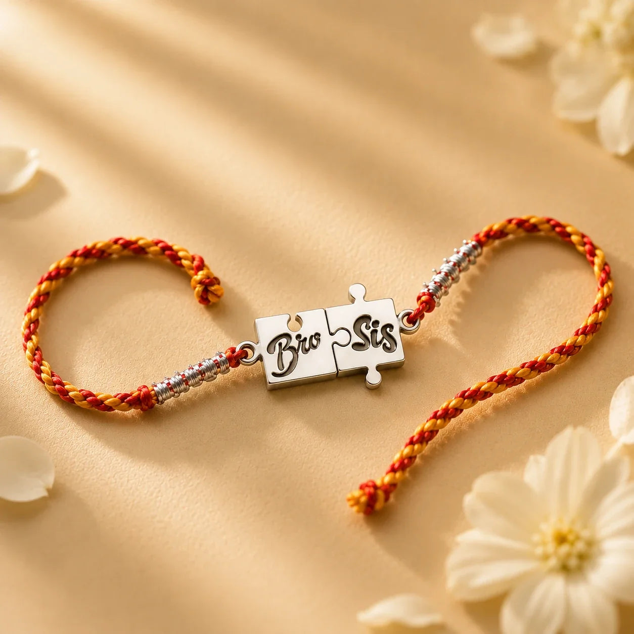 925 silver Bro Sis rakhi with a Bro and Sis charm on a red and gold braided thread