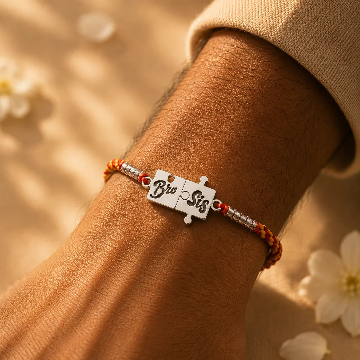 925 silver Bro Sis rakhi with a Bro and Sis charm on a red and gold braided thread