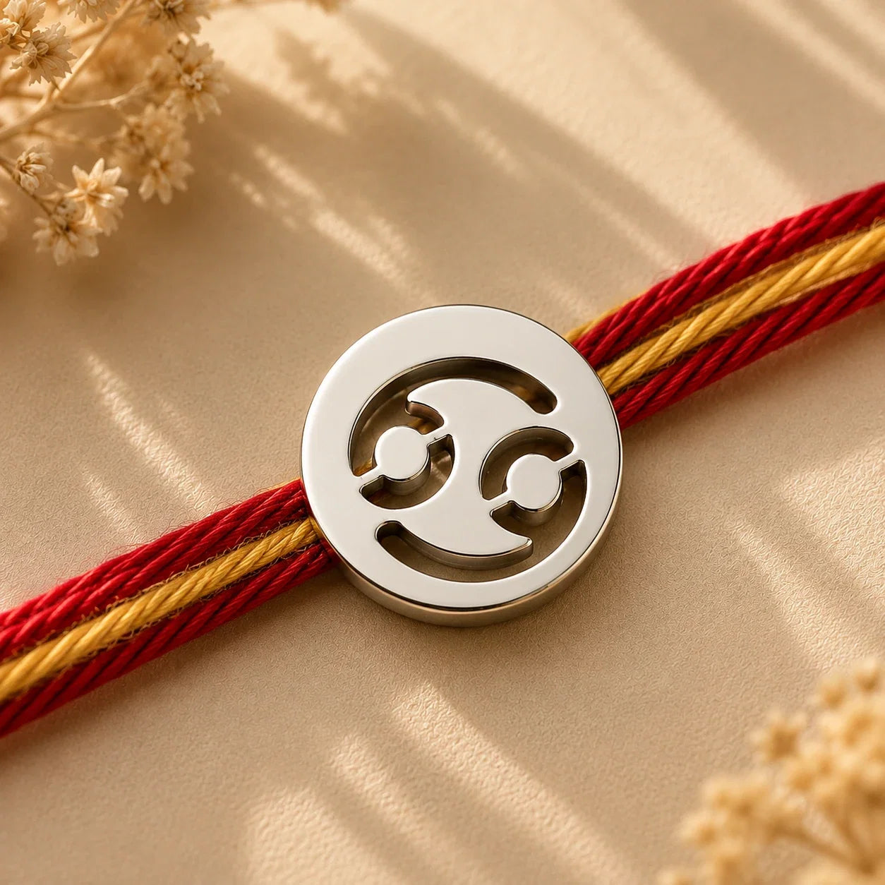 925 silver Cancer zodiac rakhi on a red and gold braided thread