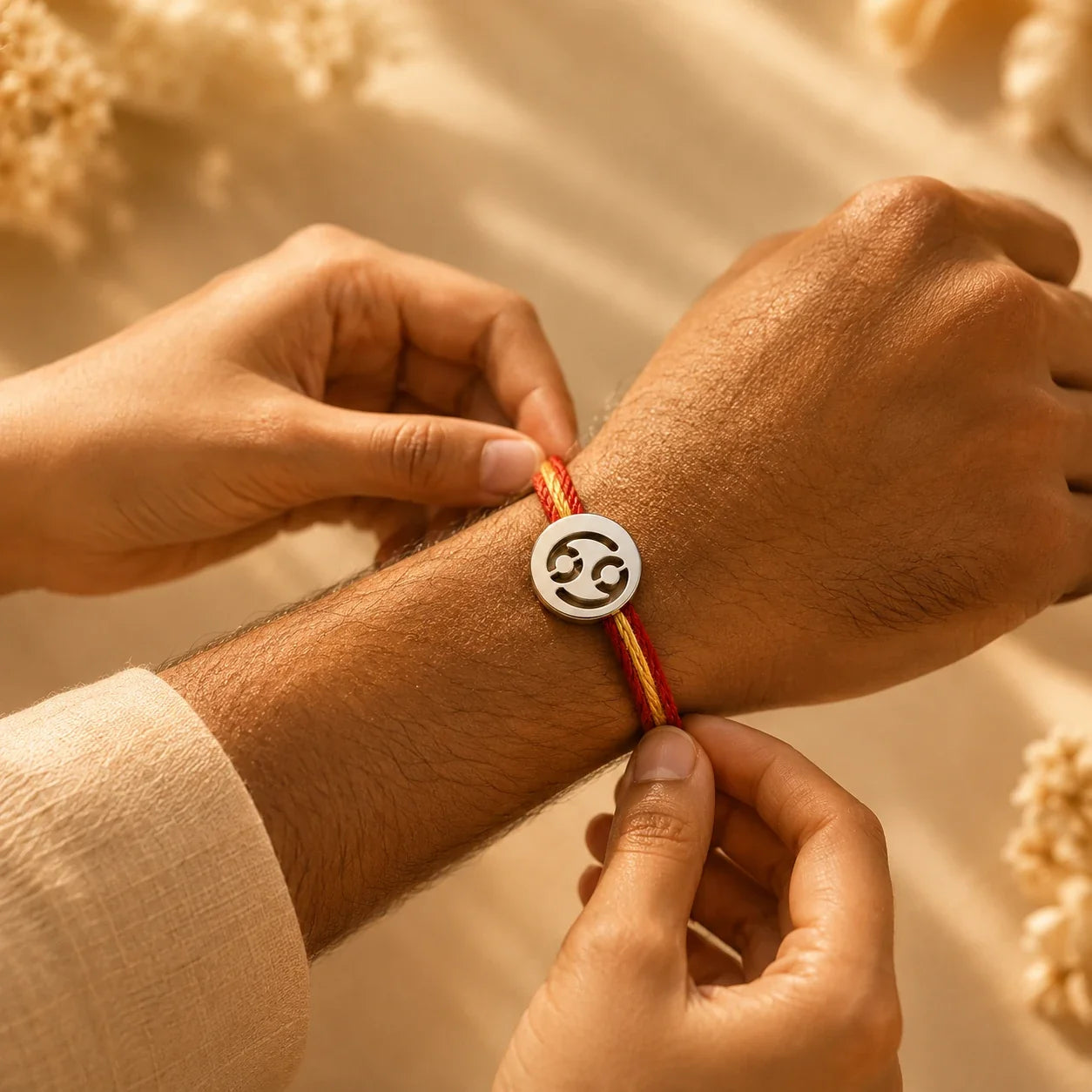 925 silver Cancer zodiac rakhi on a red and gold braided thread
