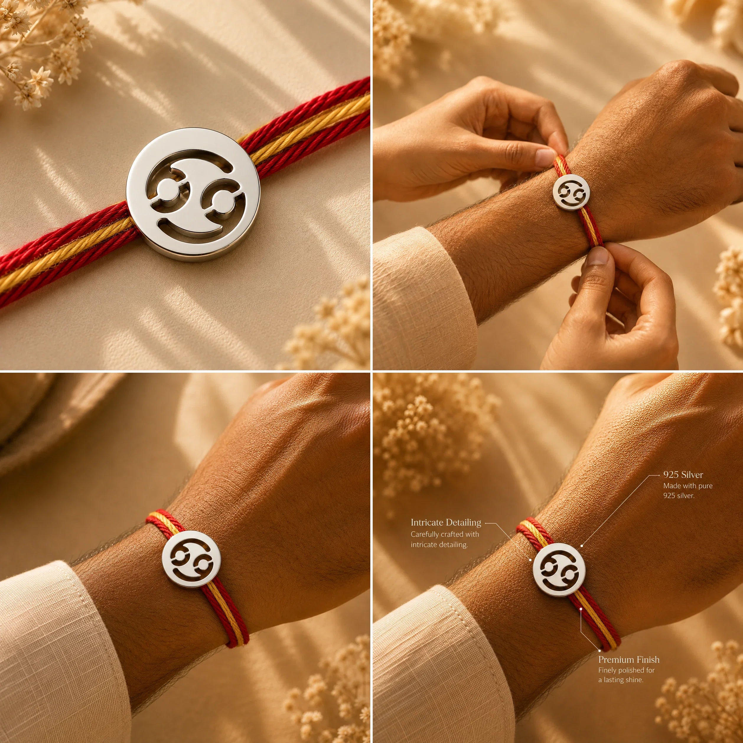 925 silver Cancer zodiac rakhi on a red and gold braided thread