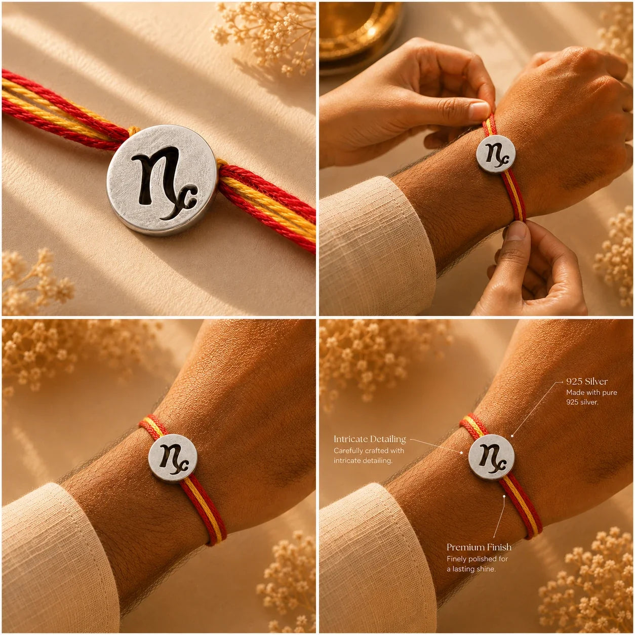 925 silver Capricorn zodiac rakhi on a red and gold braided thread