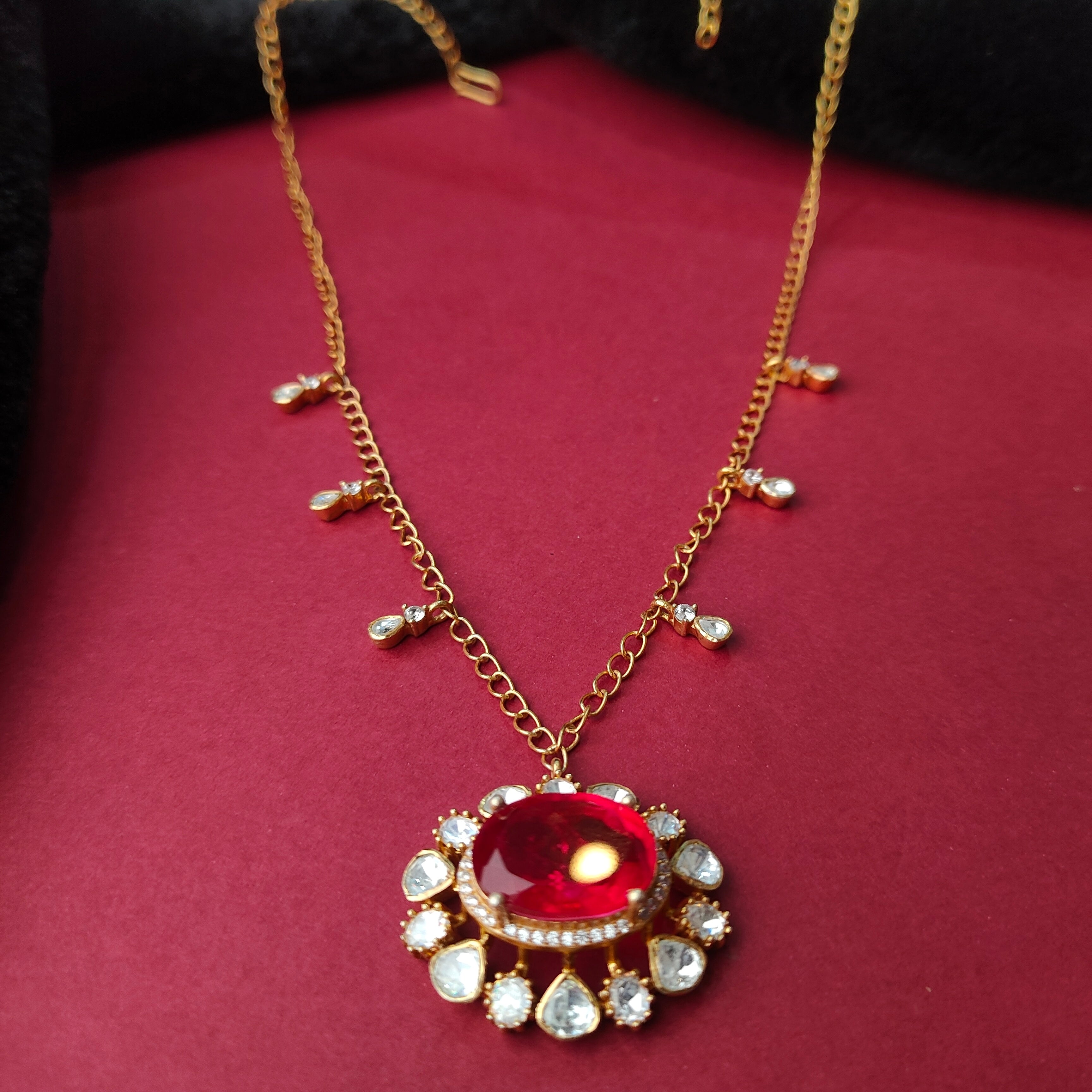 925 Silver Gold plated Polki Pendant with Chain set-1387