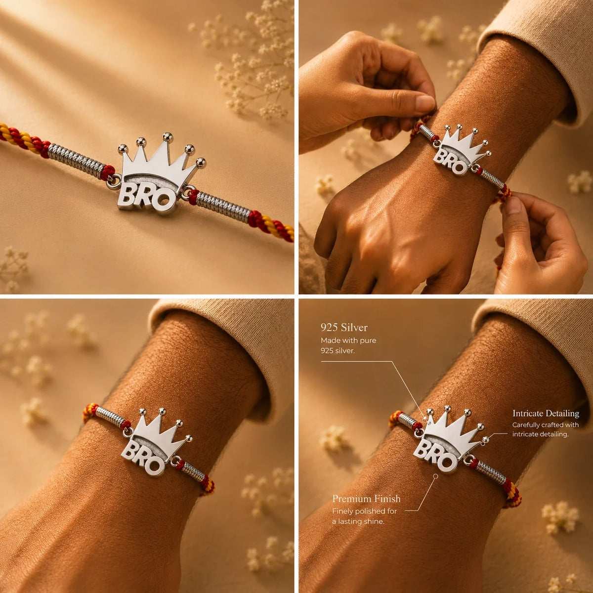 925 silver Crown Bro rakhi with a crowned BRO charm on a red and gold braided thread
