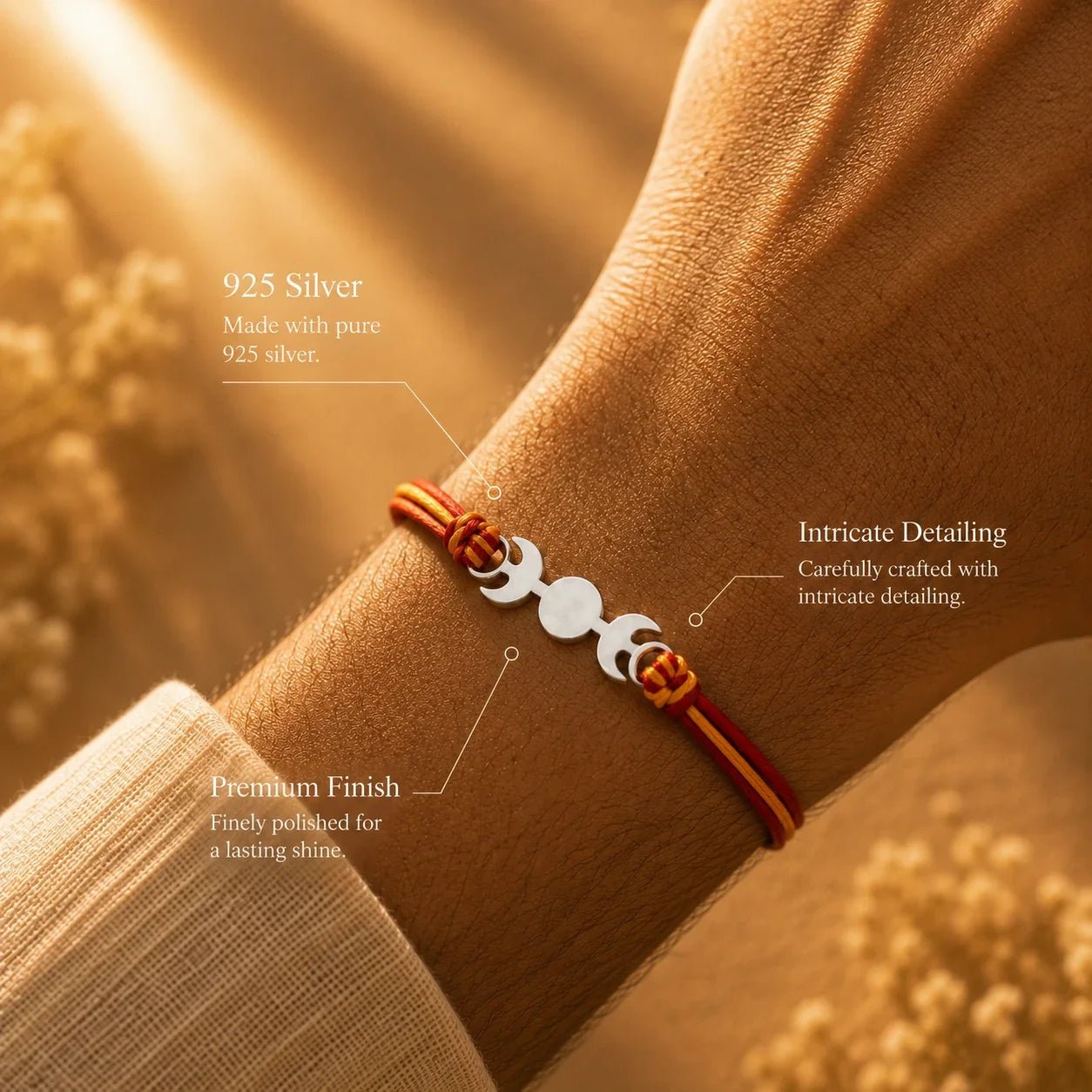 925 silver designer rakhi on a red and gold braided thread