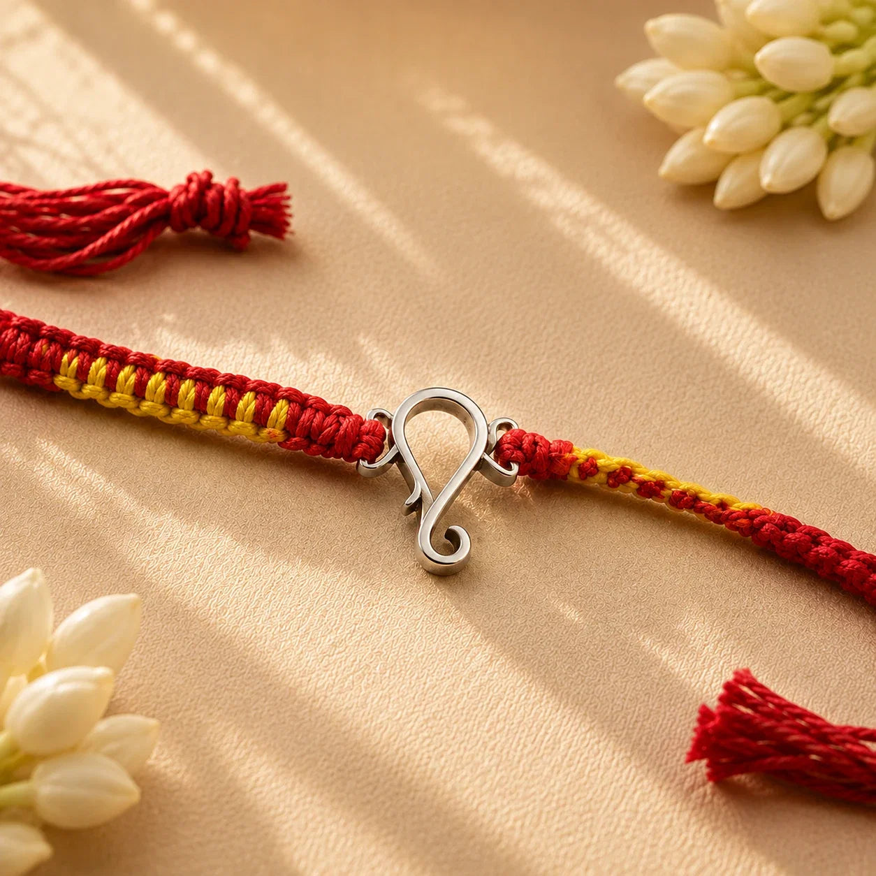 925 silver Ganesha rakhi with a Ganesha motif on a red and gold braided thread