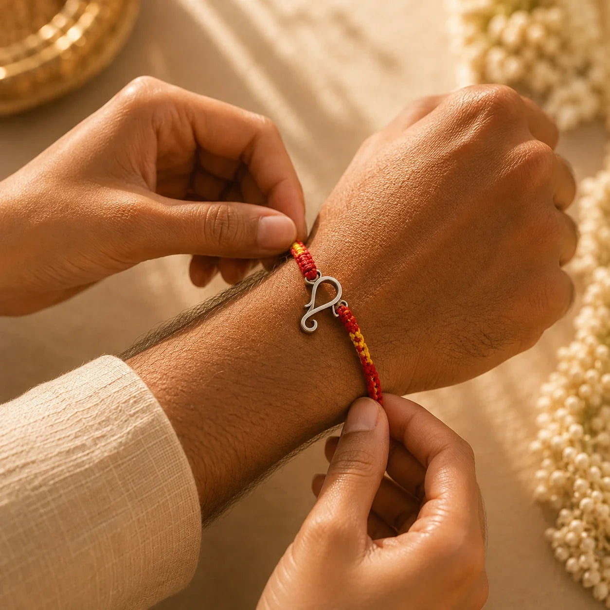 925 silver Ganesha rakhi with a Ganesha motif on a red and gold braided thread