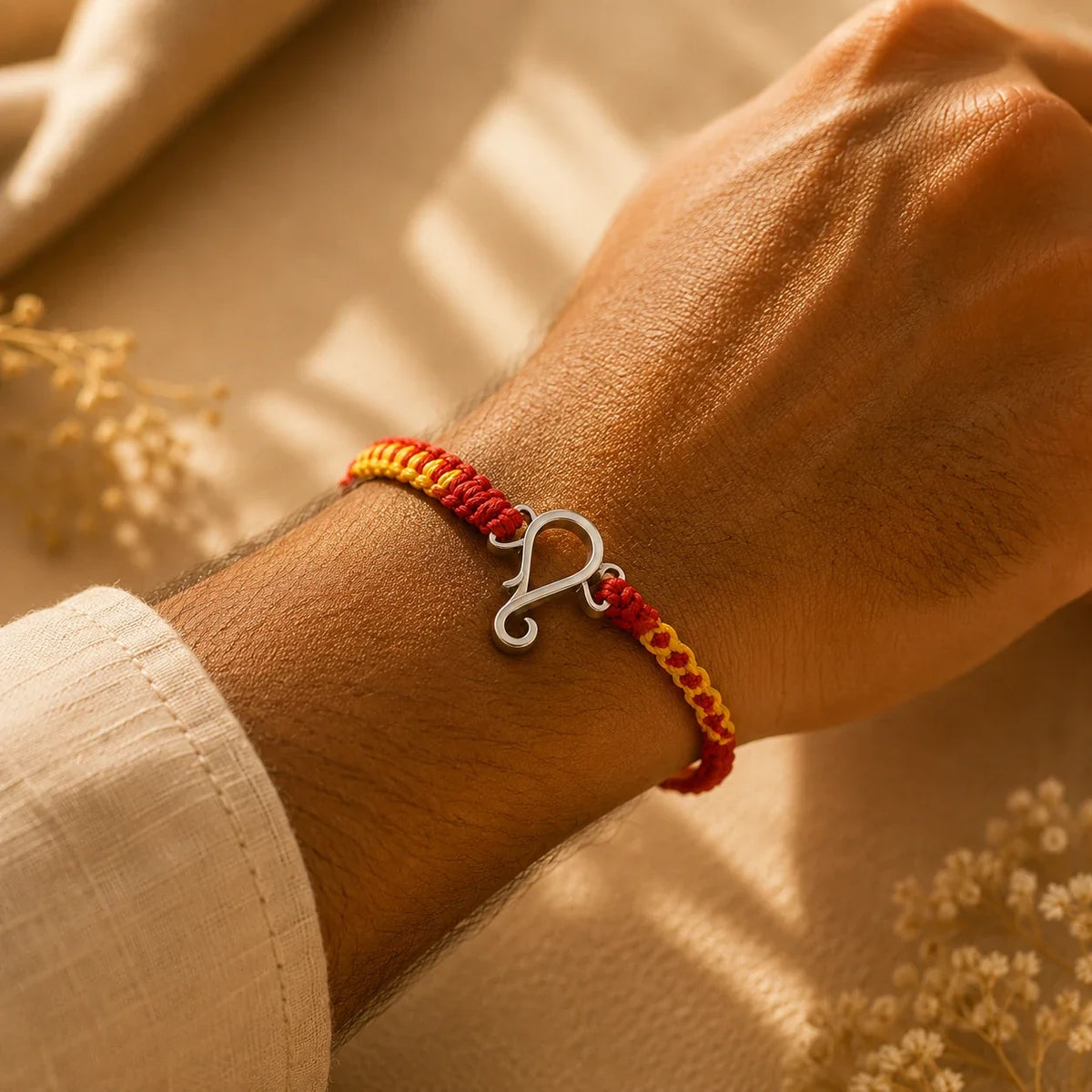 925 silver Ganesha rakhi with a Ganesha motif on a red and gold braided thread