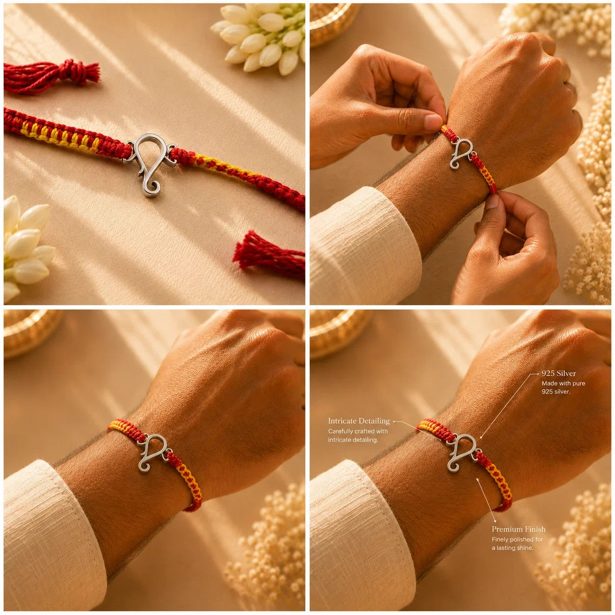 925 silver Ganesha rakhi with a Ganesha motif on a red and gold braided thread