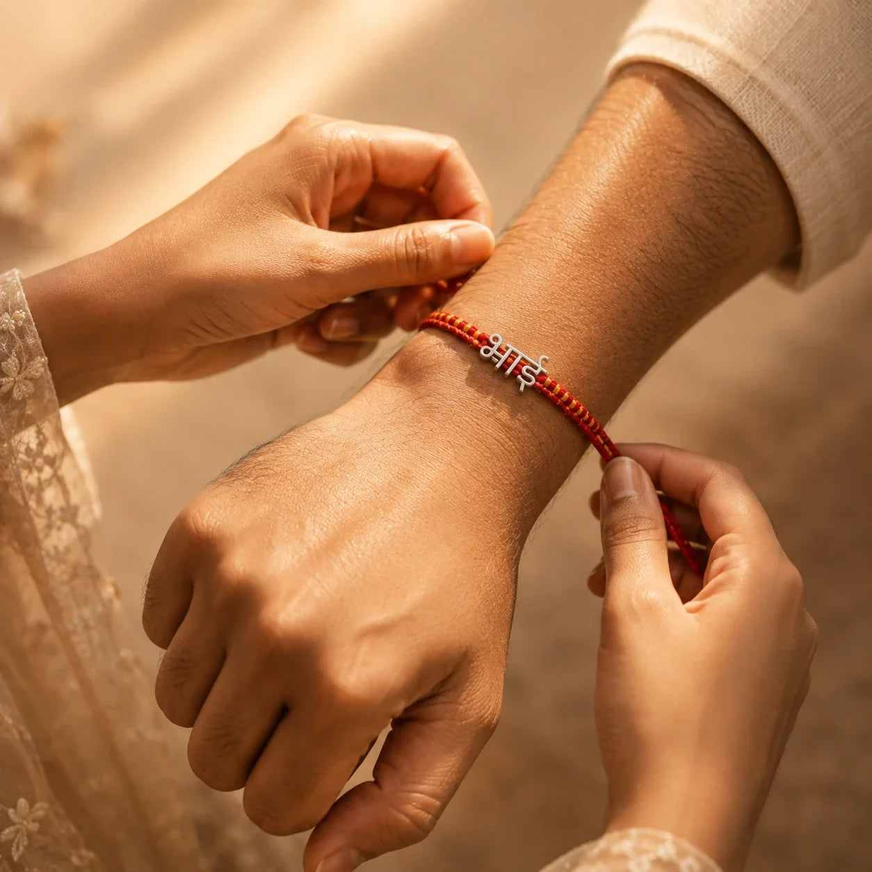 925 silver Hindi Bhai rakhi with भाई engraved in Hindi script on a red braided thread
