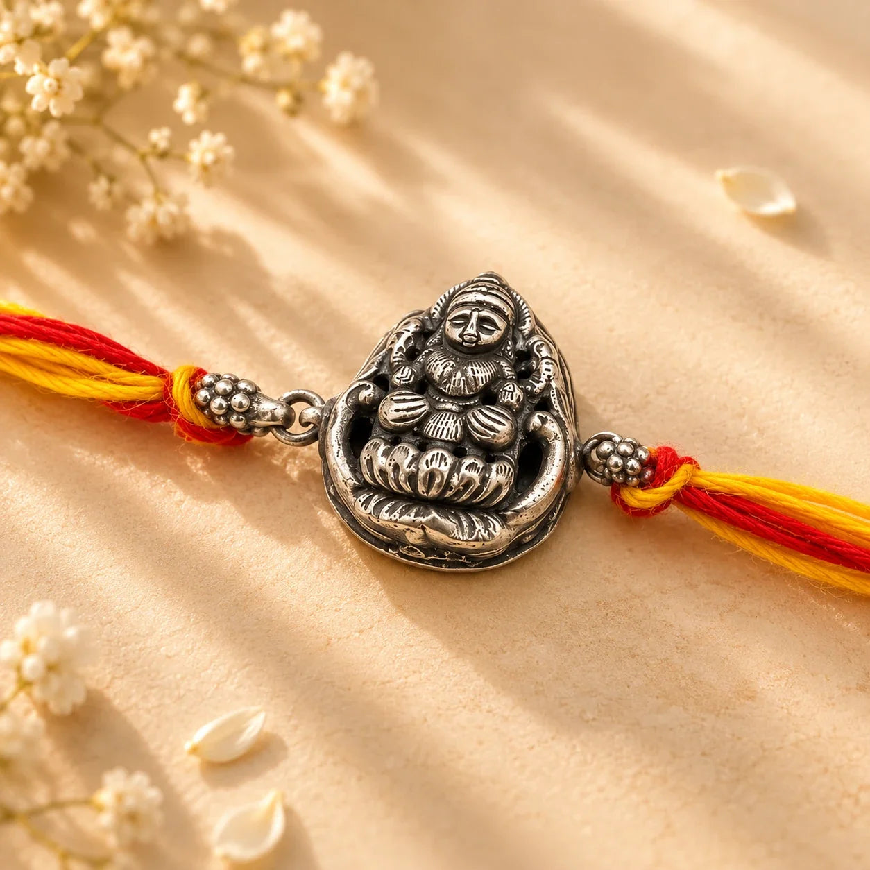925 silver Lakshmi rakhi with a Goddess Lakshmi motif on a red and gold braided thread