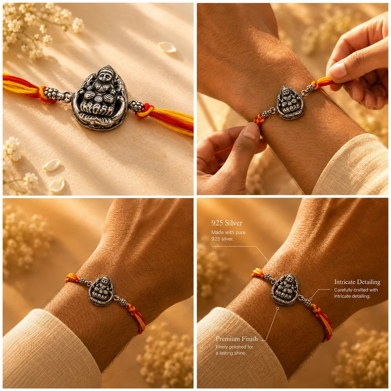 925 silver Lakshmi rakhi with a Goddess Lakshmi motif on a red and gold braided thread