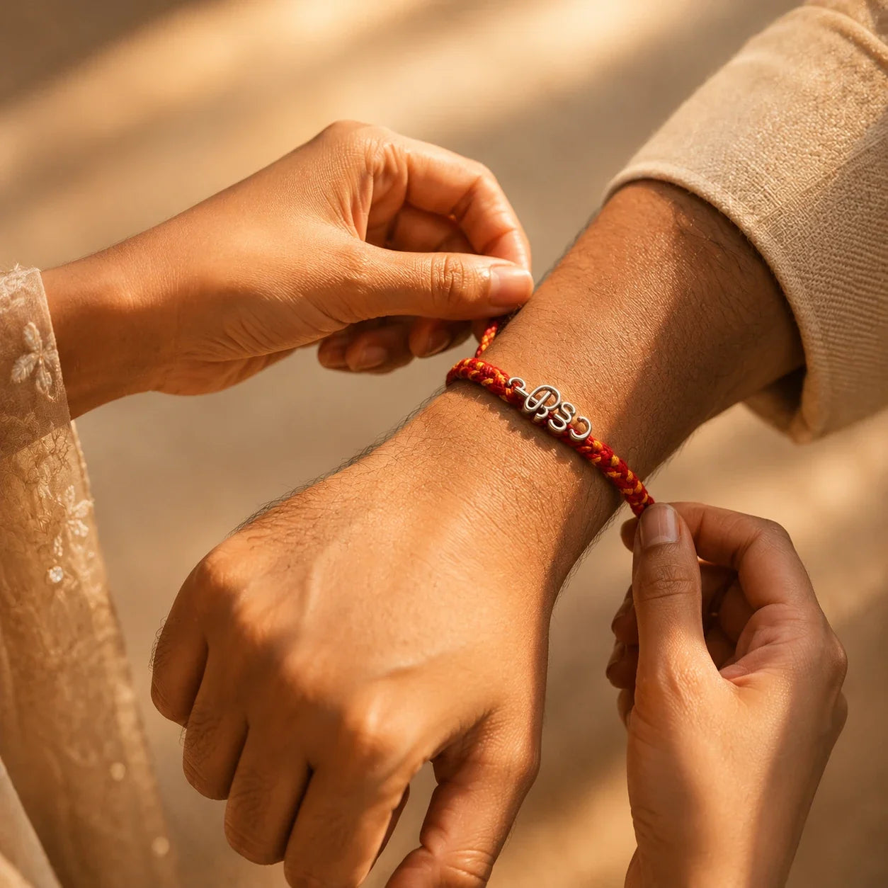 925 silver Malayalam Etta rakhi with ഏട്ടൻ engraved in Malayalam script on a red braided thread