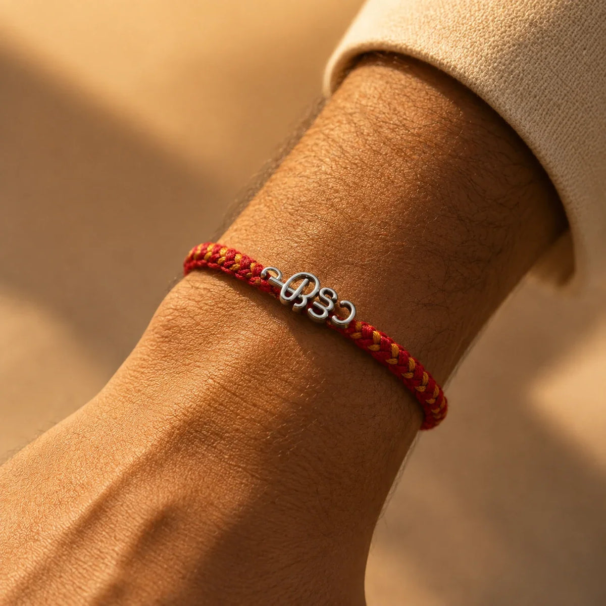 925 silver Malayalam Etta rakhi with ഏട്ടൻ engraved in Malayalam script on a red braided thread
