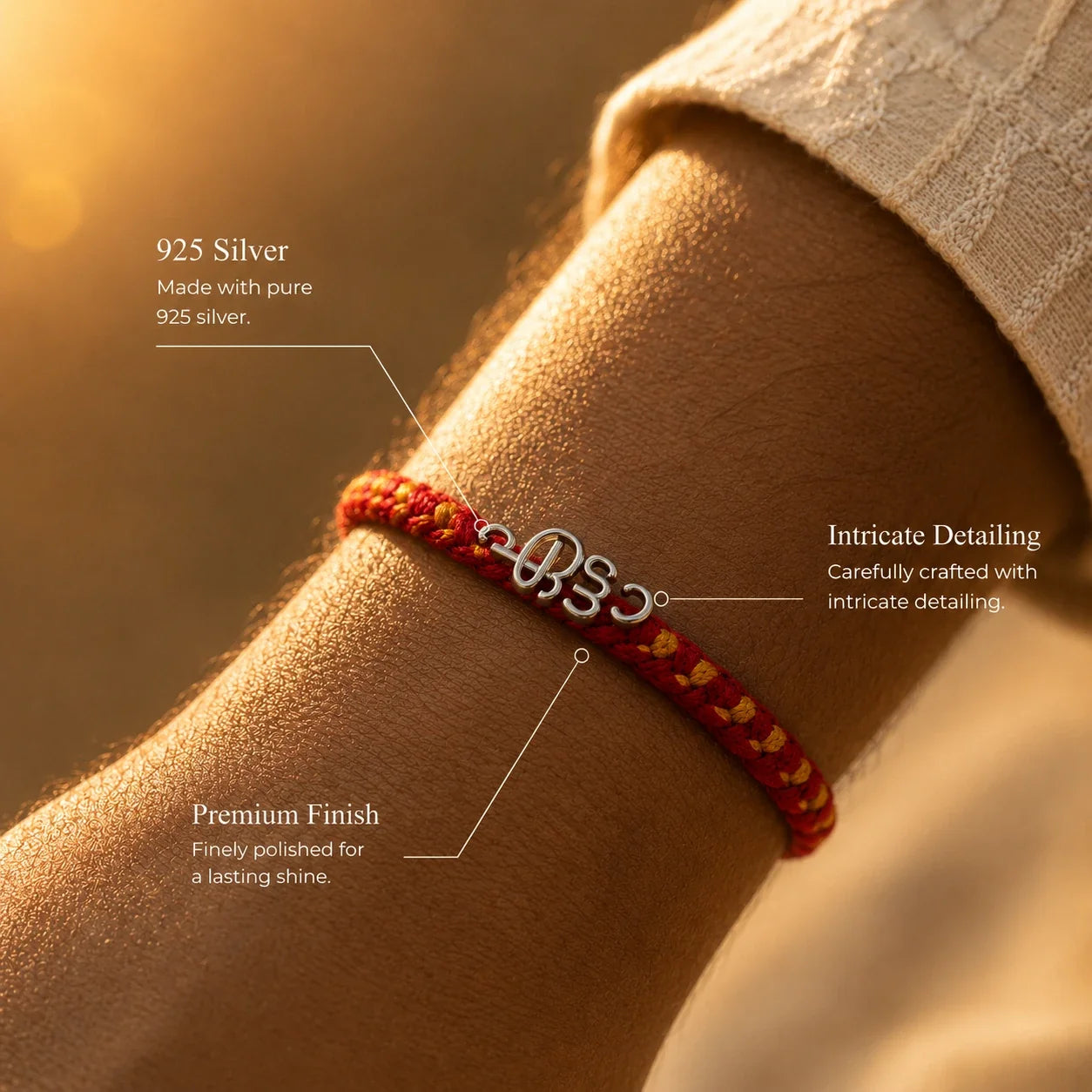 925 silver Malayalam Etta rakhi with ഏട്ടൻ engraved in Malayalam script on a red braided thread