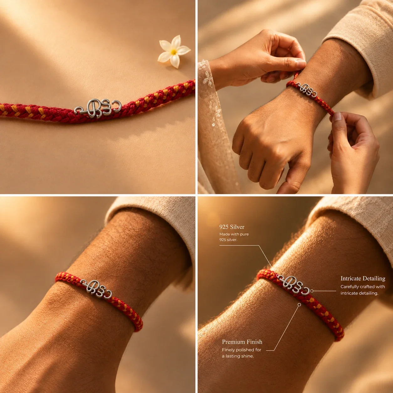 925 silver Malayalam Etta rakhi with ഏട്ടൻ engraved in Malayalam script on a red braided thread