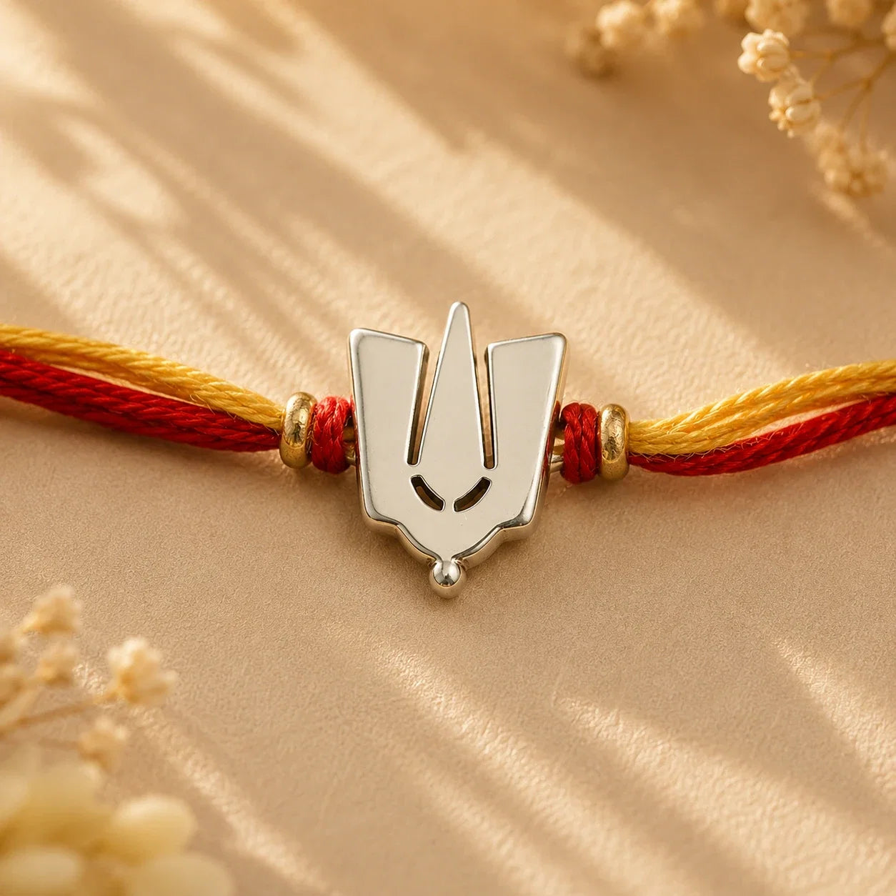 925 silver Namam rakhi with a shield Namam motif on a red and gold braided thread