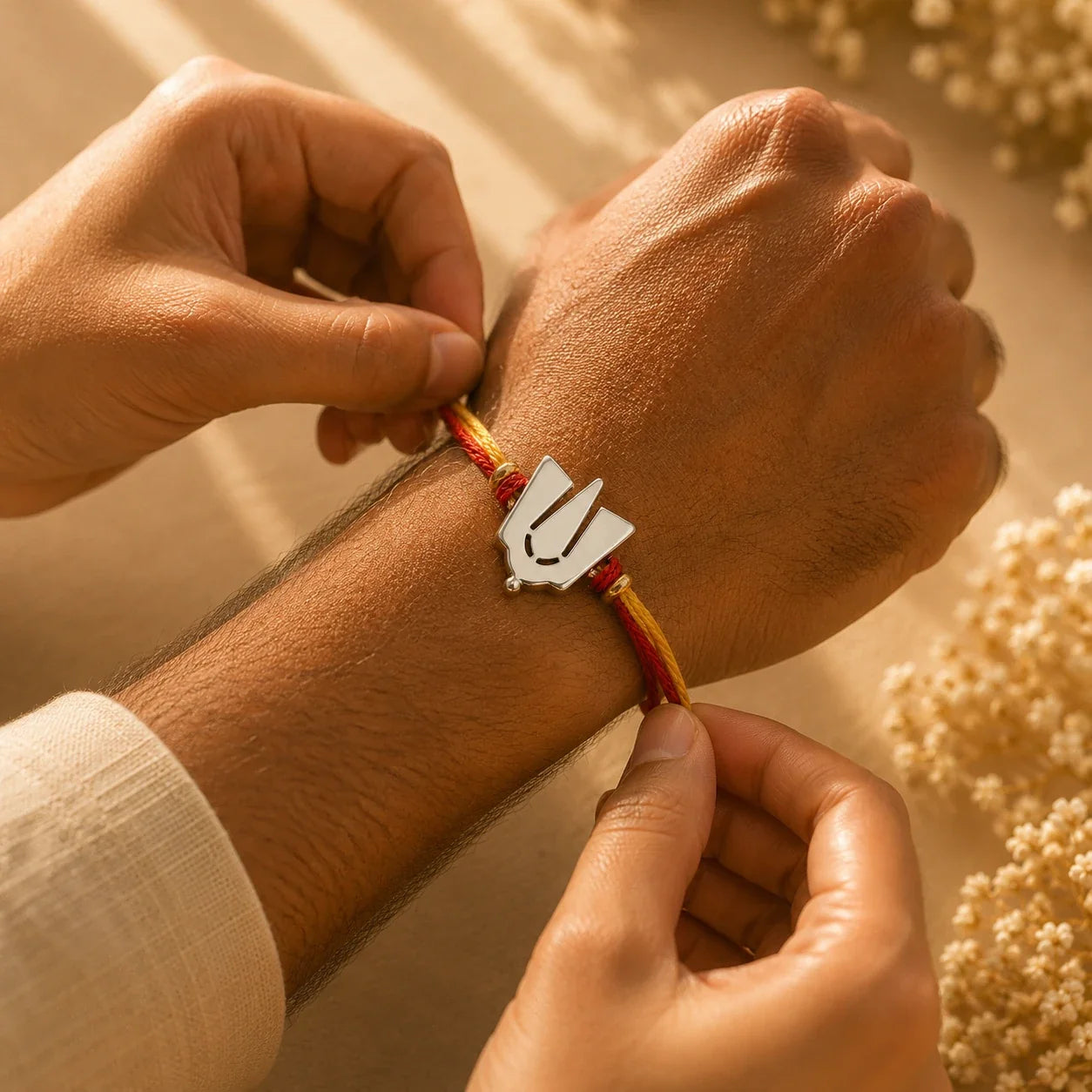 925 silver Namam rakhi with a shield Namam motif on a red and gold braided thread