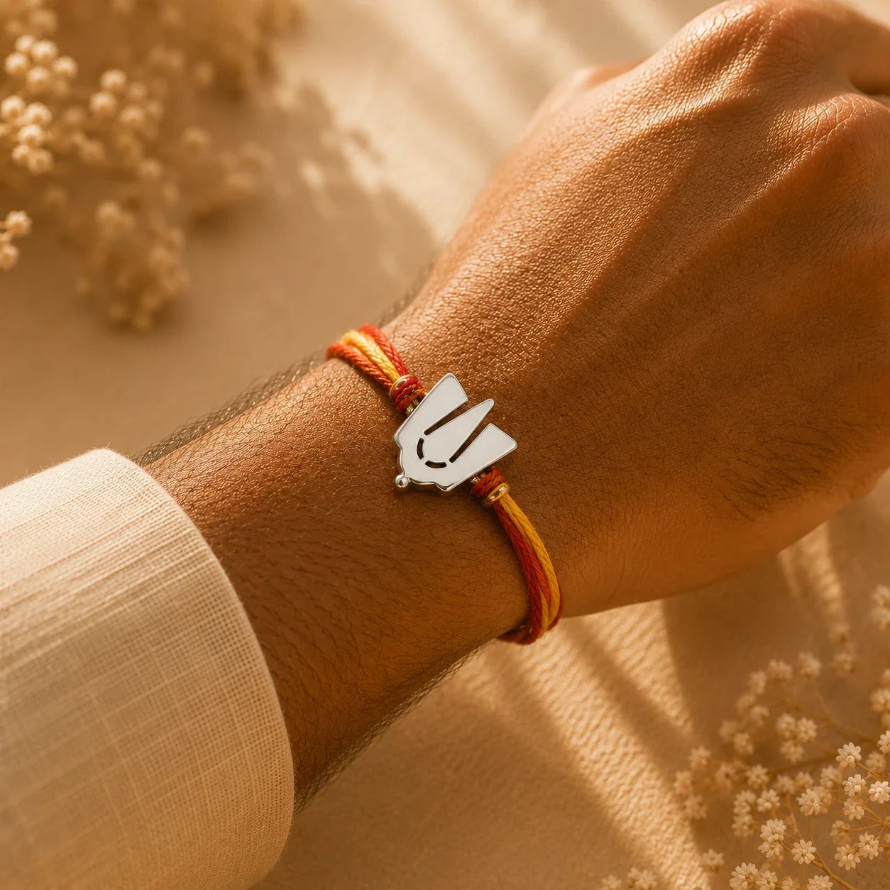 925 silver Namam rakhi with a shield Namam motif on a red and gold braided thread