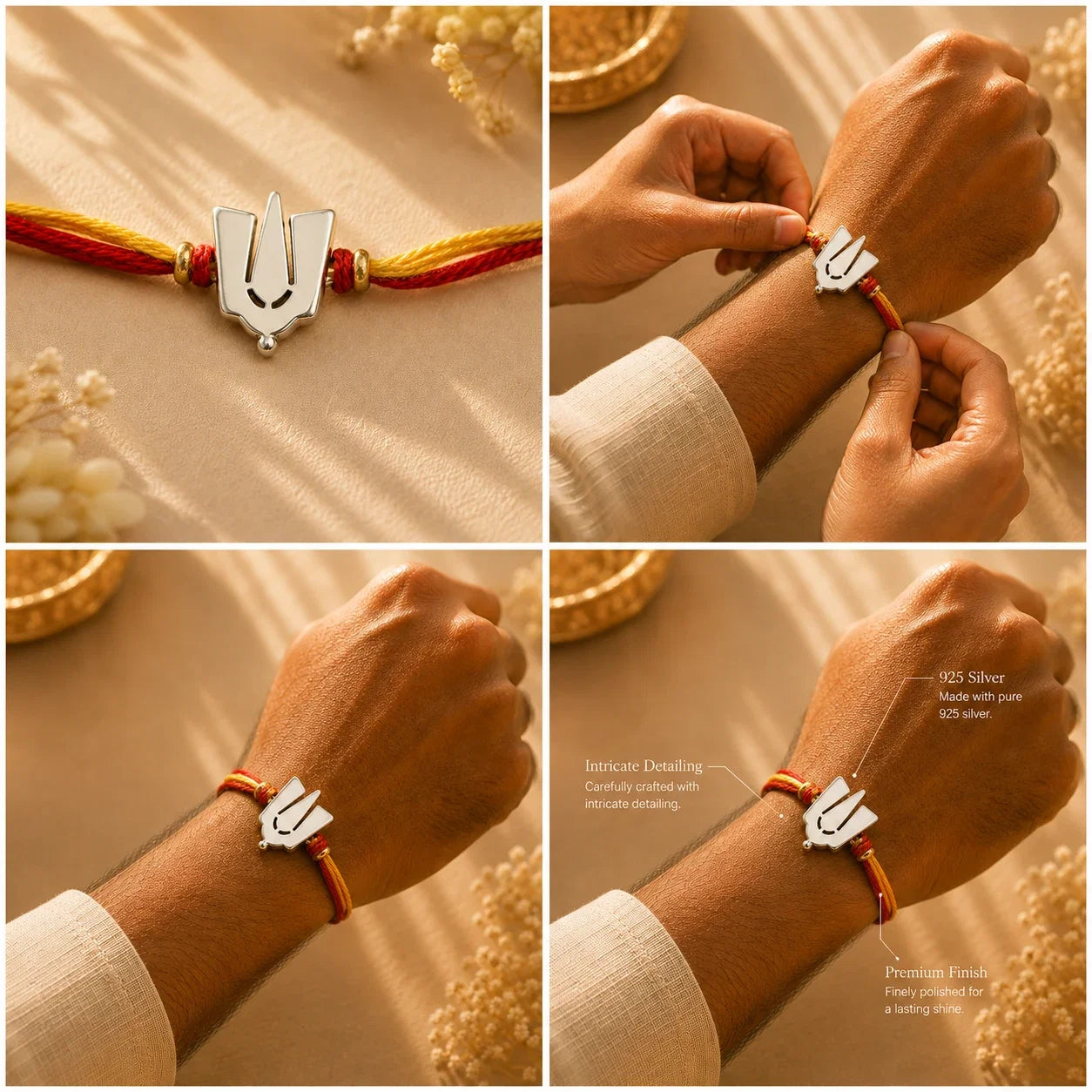 925 silver Namam rakhi with a shield Namam motif on a red and gold braided thread