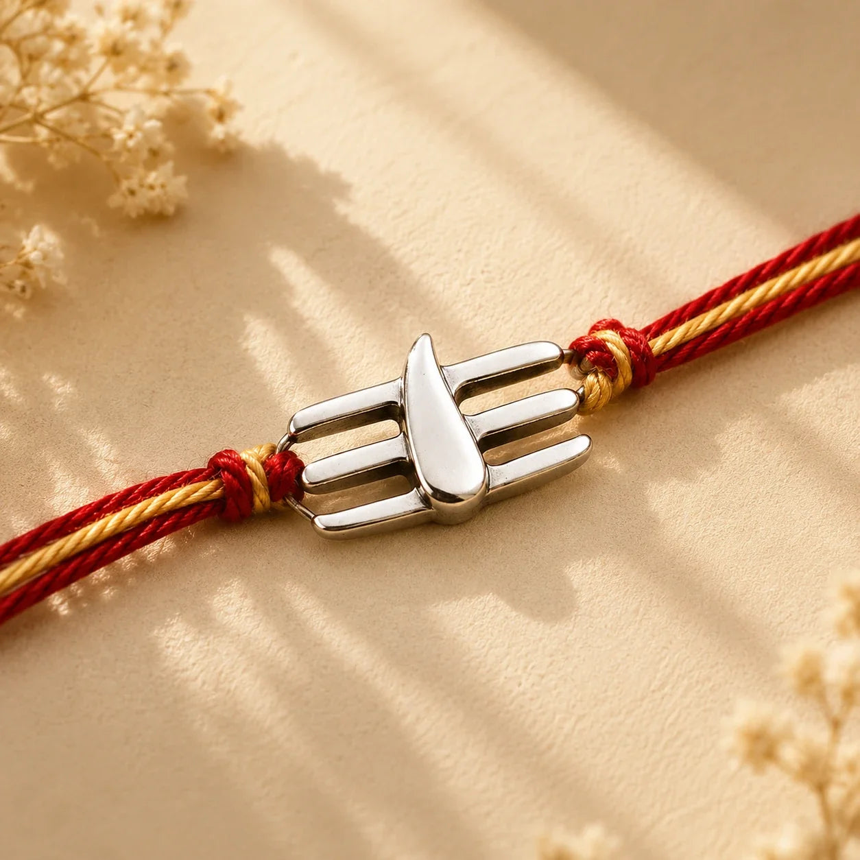 925 silver Namam rakhi with a three-bar Namam motif on a red and gold braided thread