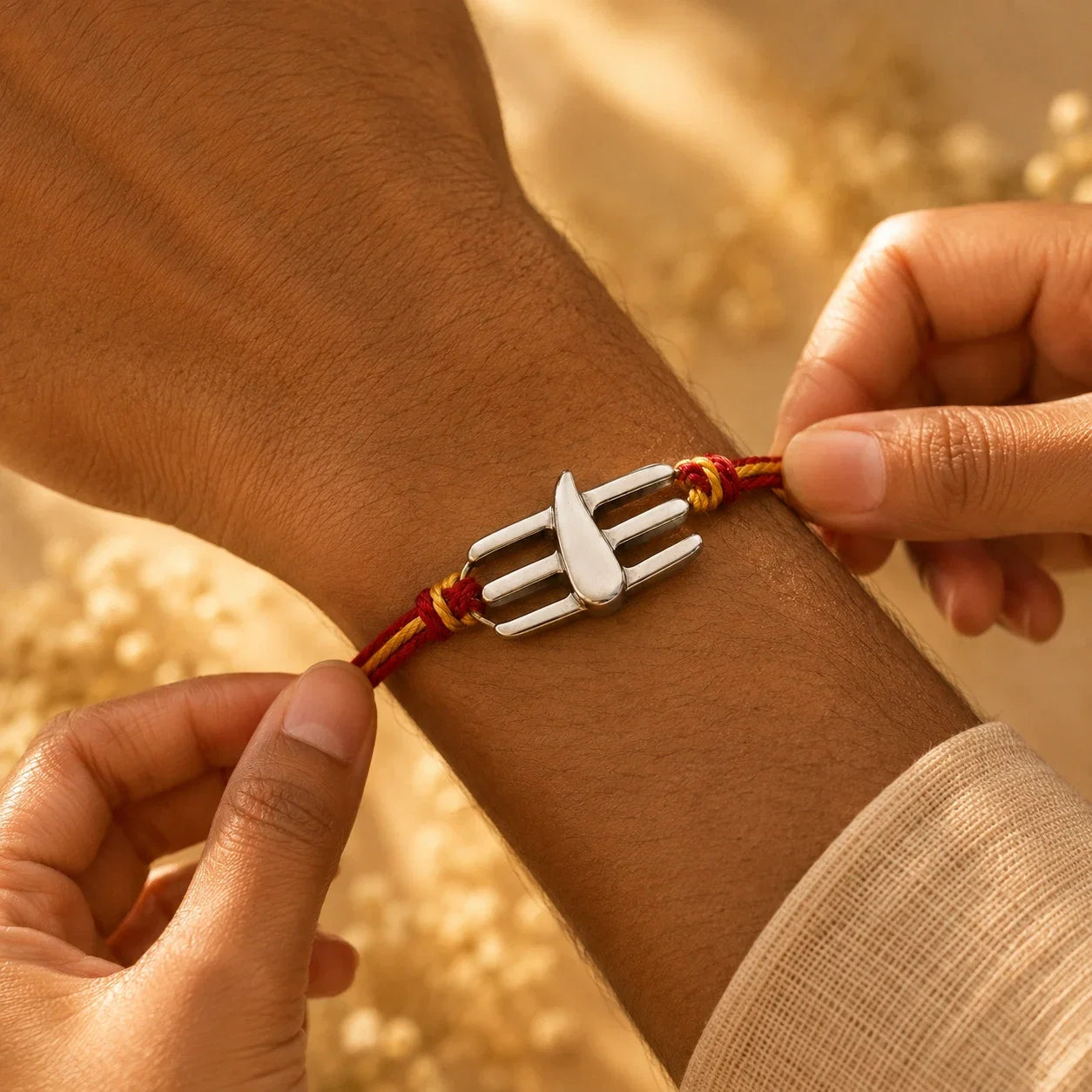 925 silver Namam rakhi with a three-bar Namam motif on a red and gold braided thread