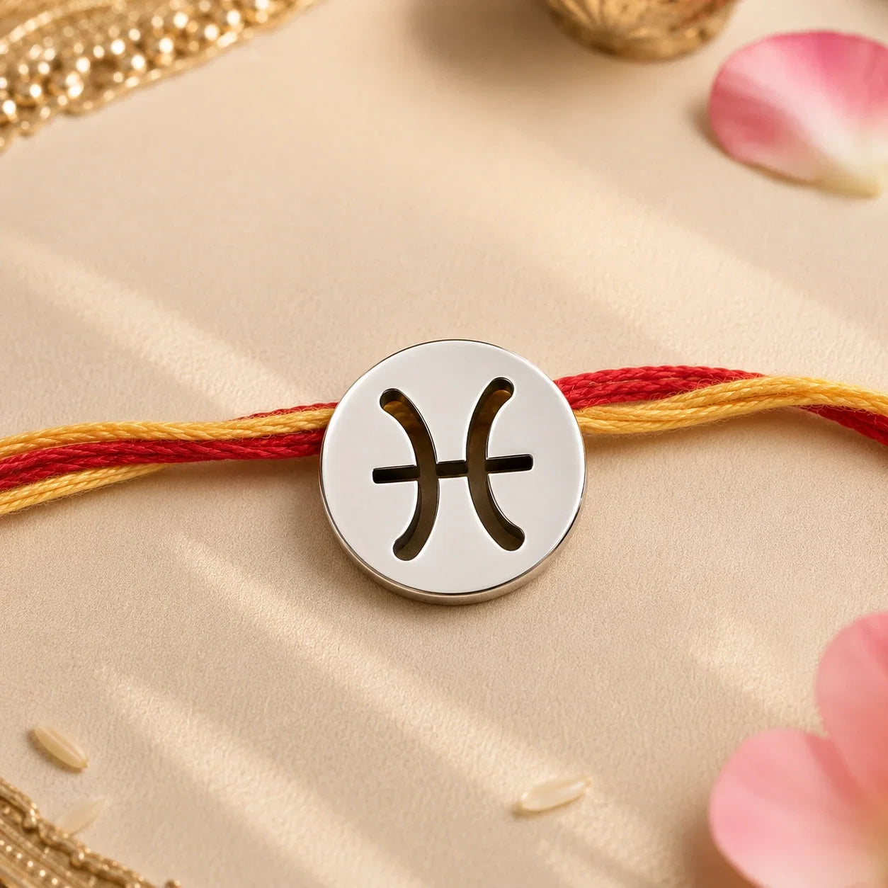 925 silver Pisces zodiac rakhi on a red and gold braided thread