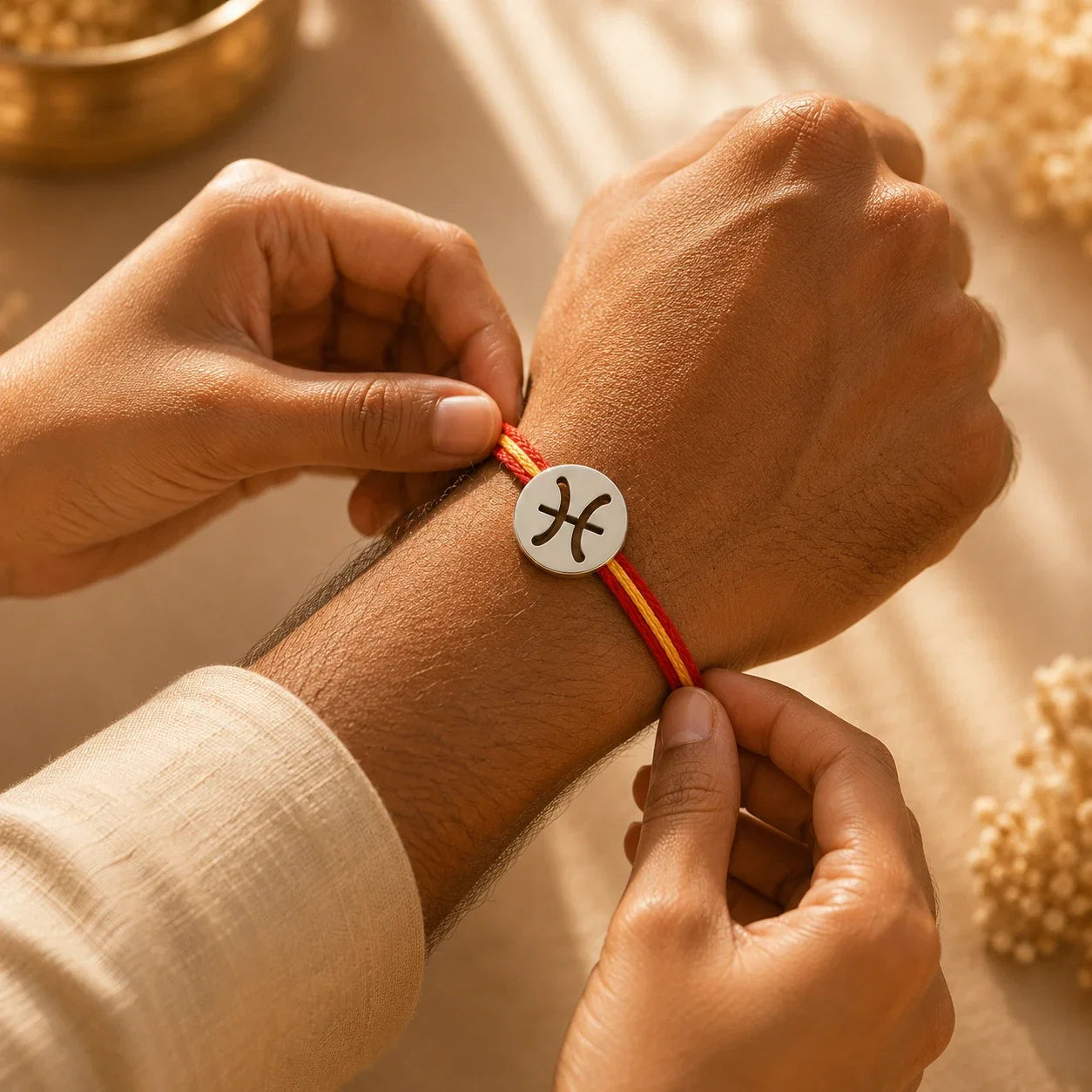 925 silver Pisces zodiac rakhi on a red and gold braided thread
