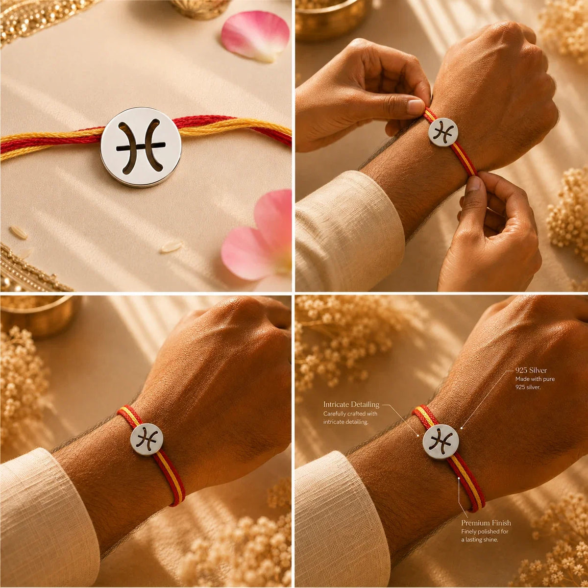 925 silver Pisces zodiac rakhi on a red and gold braided thread