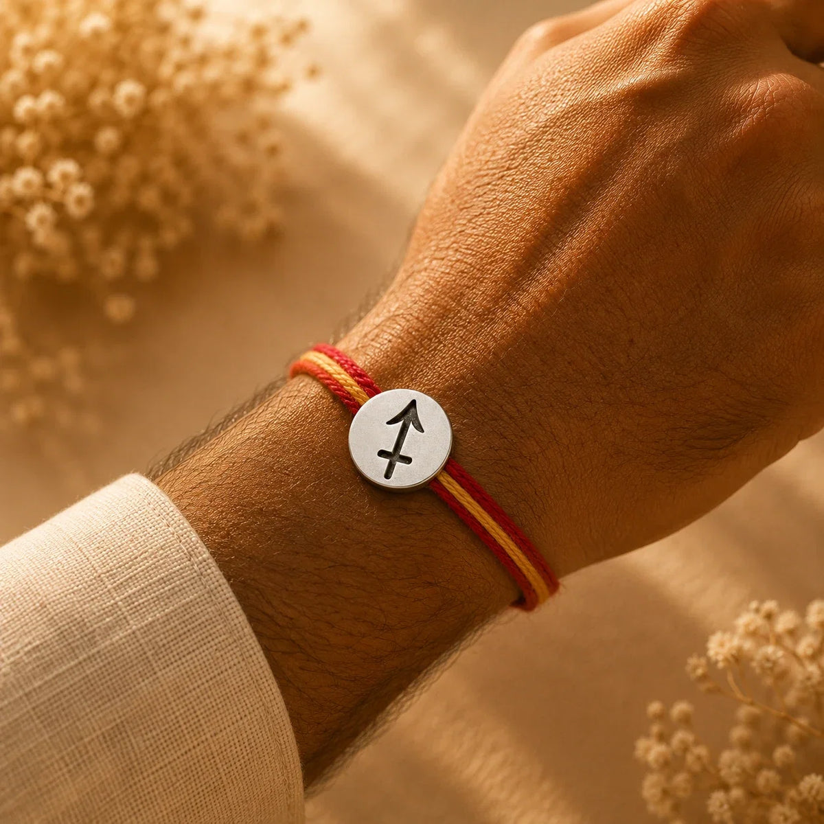 925 silver Sagittarius zodiac rakhi on a red and gold braided thread