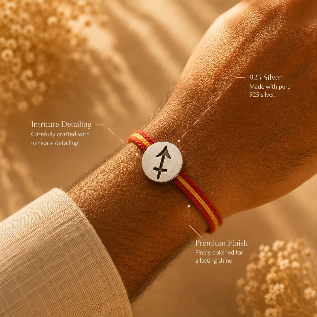 925 silver Sagittarius zodiac rakhi on a red and gold braided thread