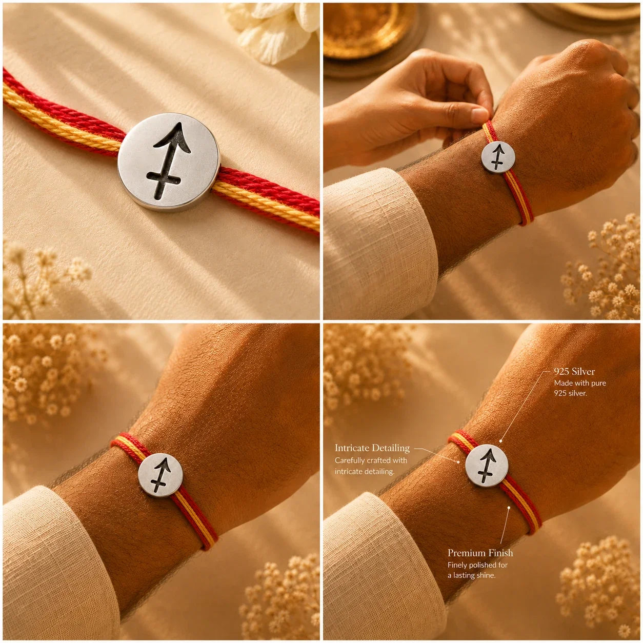 925 silver Sagittarius zodiac rakhi on a red and gold braided thread