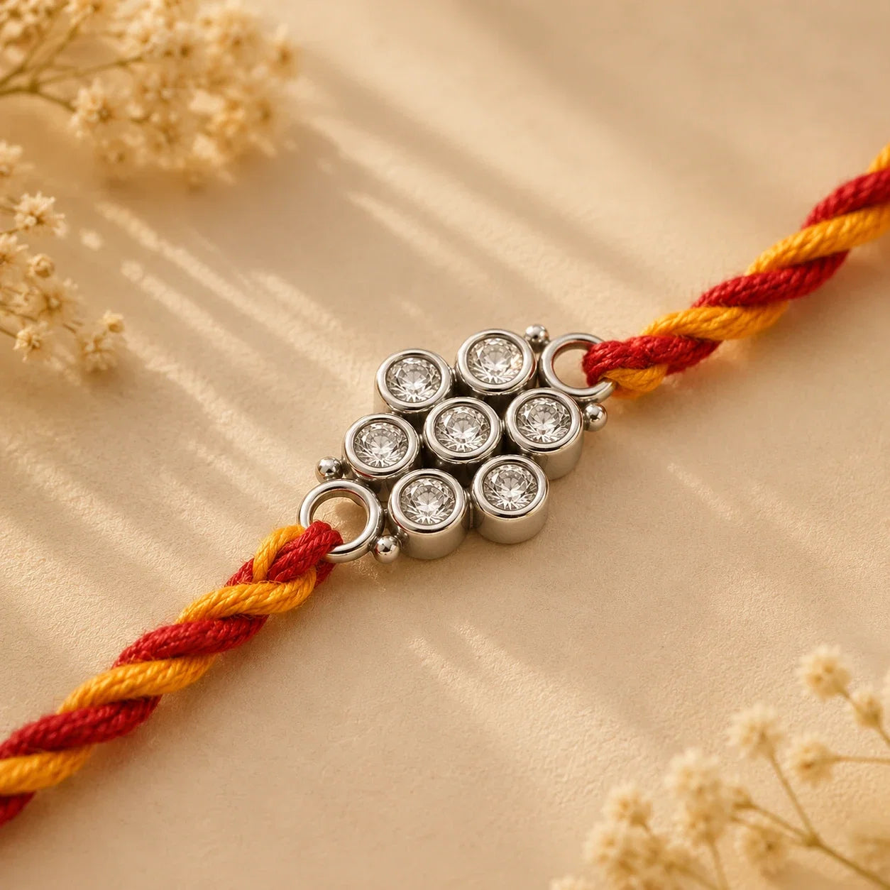 925 silver small polki flower rakhi on a red and gold braided thread