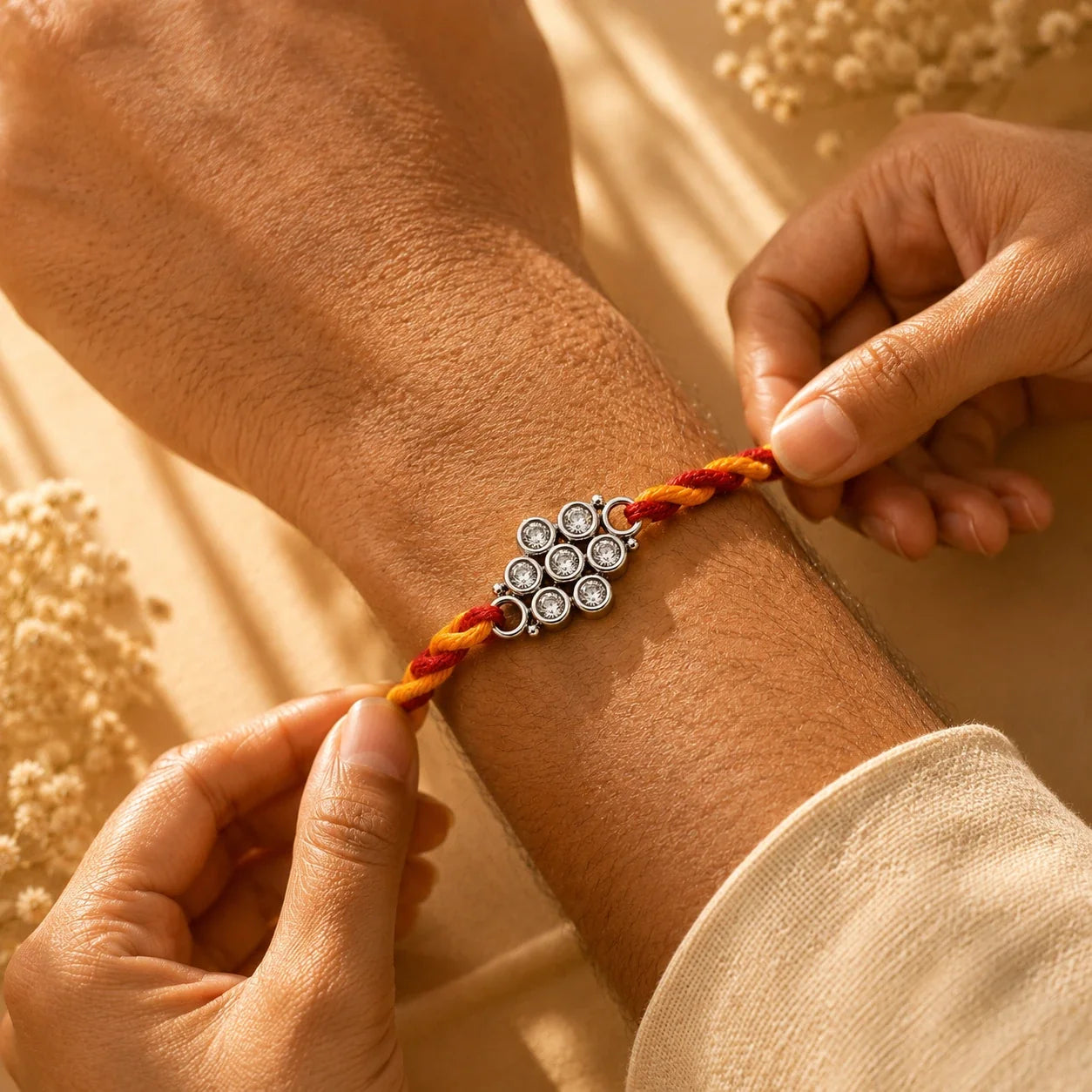 925 silver small polki flower rakhi on a red and gold braided thread
