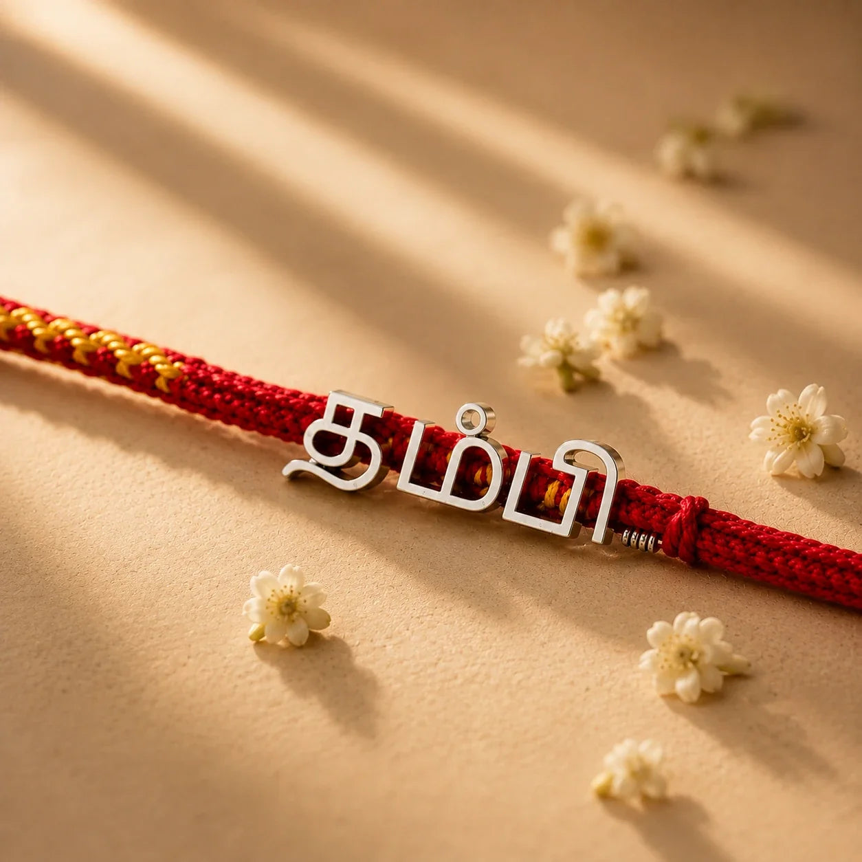 925 silver Tamil Thambi rakhi with தம்பி engraved in Tamil script on a red braided thread