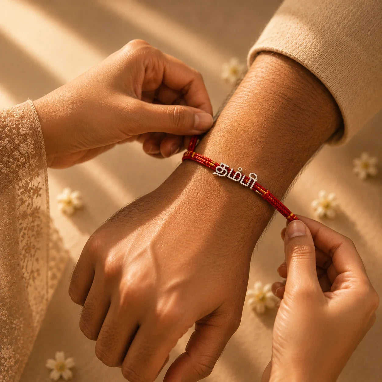 925 silver Tamil Thambi rakhi with தம்பி engraved in Tamil script on a red braided thread